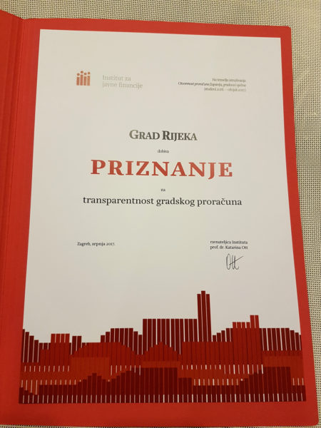 Gradu Rijeci novo priznanje za transparentnost proračuna